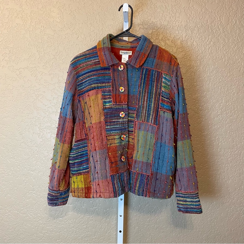 TravelSmith Button Down Blazer Patchwork Wearable Art Artsy Colorful Size M